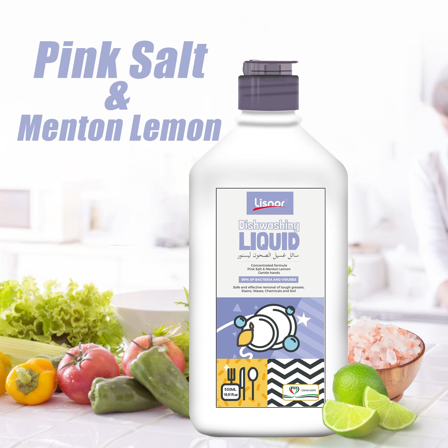 Dishwashing Liquid 500ml. Concentrated Formula Pink Salt & Menton Lemon. Gentle Hands. Safe and Effective removal of tough greases, Stains, Waxes, Chemicals and Soils. Pak of 2