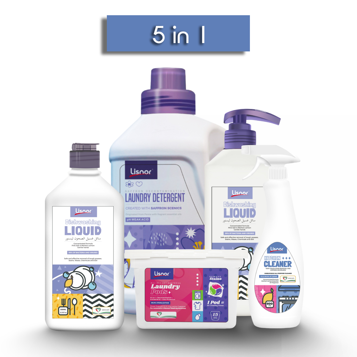 5 in 1 Dishwashing Liquid 1L, Liquid Detergent 500ML, Liquid Detergent 3L, Kitchen Cleaner 600ML and Detergent Pods 15s