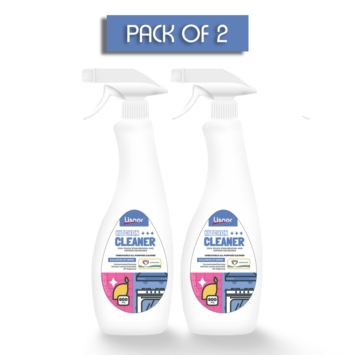 All Purpose, Kitchen Cleaner Spray, Menton Lemon Scent, Kills 99.9% Germs 600ml, Pack of 2