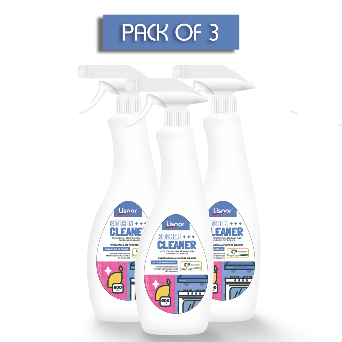 All Purpose, Kitchen Cleaner Spray, Menton Lemon Scent, Kills 99.9% Germs 600ml, Pack of 3